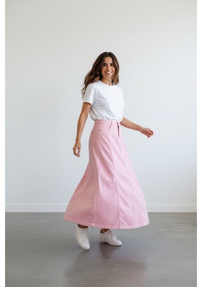Vellichor Parçalı Uzun Denim Etek - Pembe Çok Renkli