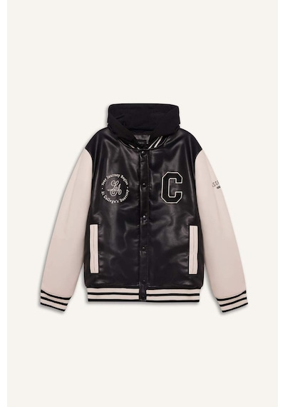 Defacto Regular Fit Kolej Yaka Çıkarılabilir Kapüşonlu Çıtçıtlı Suni Deri Bomber Mont E9972ax25aubk27 Siyah