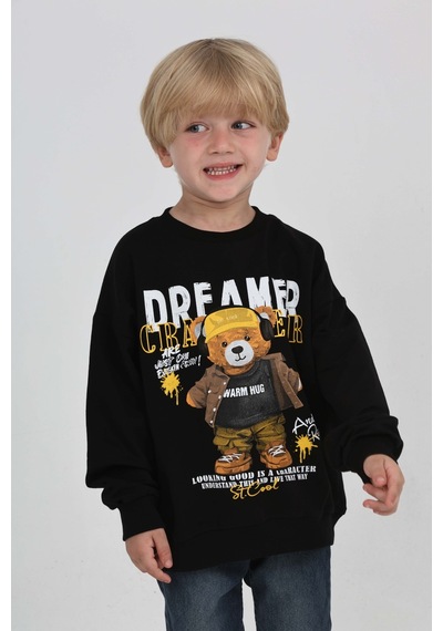 Toontoy Kids Toontoy Erkek Çocuk Dreamer Ayı Baskılı Sweatshirt Siyah