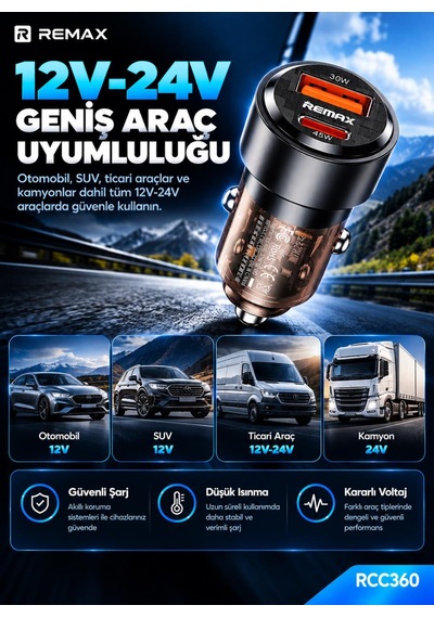 Remax Rcc360 75w Pd 45w Type-c Ve Qc 30w Usb-a Şeffaf Araç Şarj Cihazı