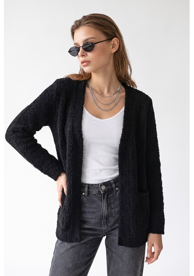 Mixray 7069 Kadın Buklet Dokulu Cepli Oversize Triko Hırka Siyah