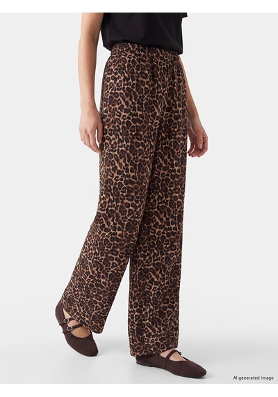 Lcwaıkıkı Classic Kahverengi Leopar Desenli Keten Karışımlı Kadın Pantolon