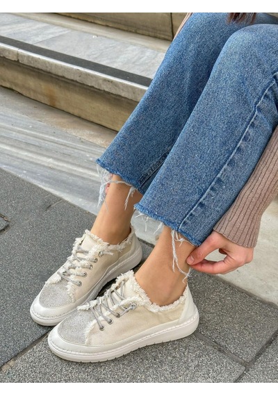 Erva'nın Butiği Bej Keten Jule Taş Bağcıklı Kadın Sneakers-5787