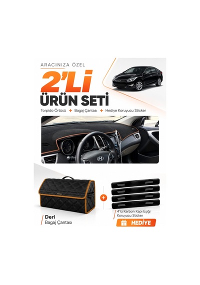 Hyundai İ40 2011-2017 Uyumlu Torpido Örtüsü + Deri Bagaj Çantası + Sticker Seti - Siyah Kahverengi