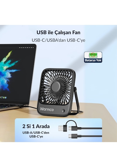 Warmco D1 Masaüstü Vantilatör Usb Ve Type-c Bağlantılı Taşınabilir Ultra İnce Soğutucu Fan Siyah