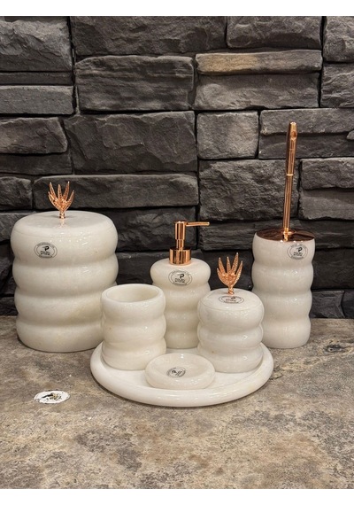 Beyazı Mermer Aksesuarlı Bambu Model Oval 7,li Banyo Seti Beyaz