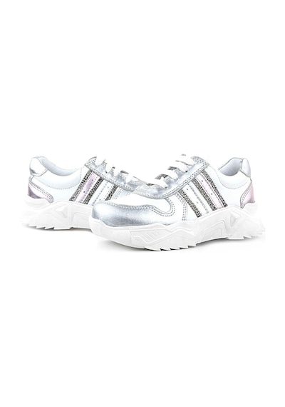 Rakerplus Hakiki Deri Gümüş Pembe Parlak Taşlı Kız Çocuk Sneakers Ayakkabı GÜMÜŞ