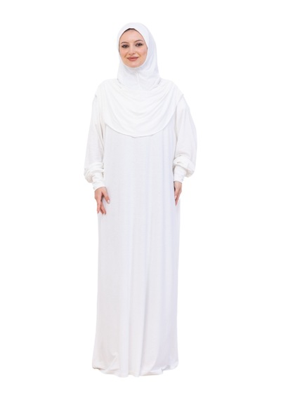 Modish Group Tek Parça Namaz Elbisesi Seti, Viskon Yumuşak Tesettür Abaya, Rahat Hazır Şal Başörtüsü Takım Krem