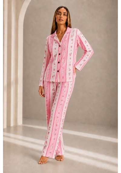 Kadın Önden Düğmeli Uzun Kollu Alt Üst Pembe Pijama Takımı