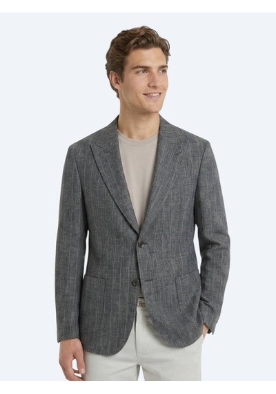 Kip Petrol Çizgili Modern Fit Keten Karışımlı Ceket