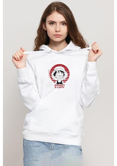 One Piece Anime Monkey D Luffy Beyaz Kadın 3ip Kapşonlu Sweatshirt 001