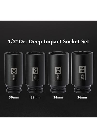 4 Adet 1/2 Tahrik Derin Darbeli Soket Seti, Cr-mo, 12 Nokta, Metrik, Derin Mil Aks Somunu Darbe Soket Seti-30 Mm, 32 Mm,