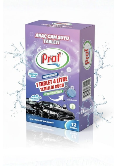 Praf Araç Cam Suyu Tableti 12 Adet 1 Tablet 4 Litre Oto Silecek Suyu Temizleyici Konsantre