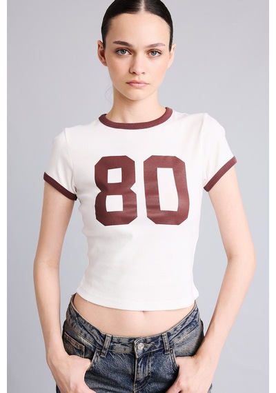 Defacto Fitted Bisiklet Yaka Baskılı Şerit Detaylı Fitilli Crop Tişört I6805ax26auwt32 Beyaz-wt32