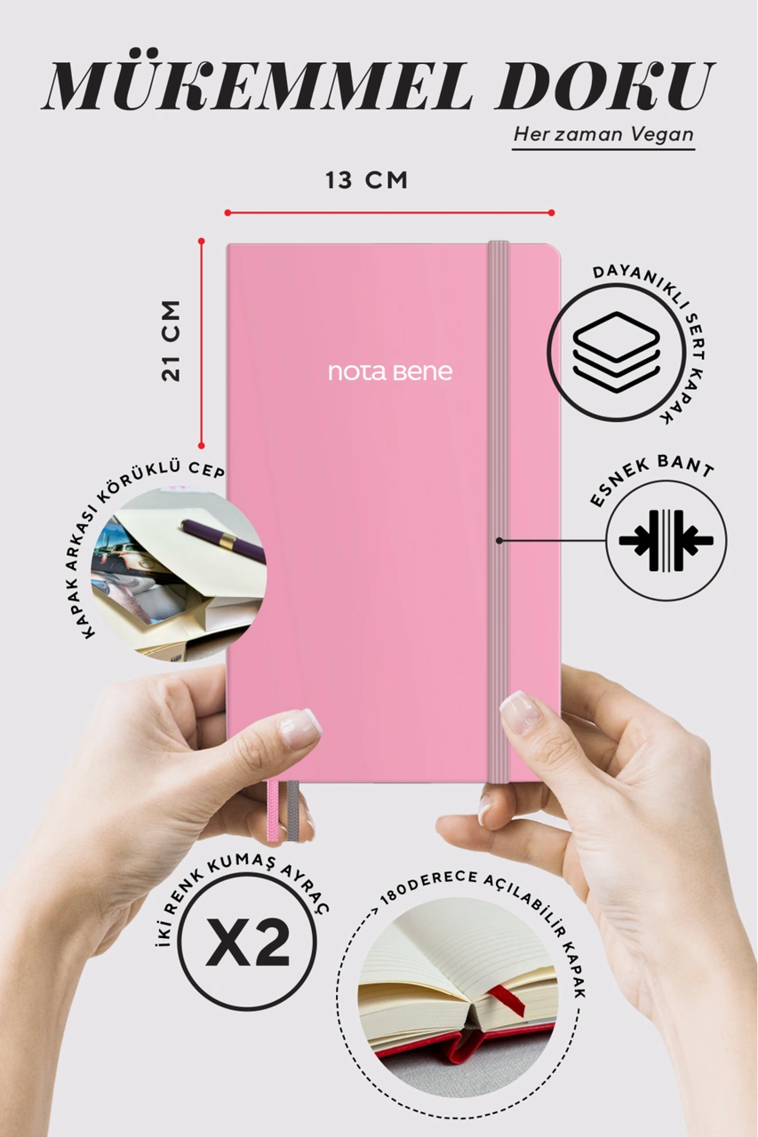 Nota Bene Classic Sert Kapak Defter, 13x21 Cm, Çizgili Pembe