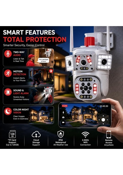 9 Mp Ultra Hd 3 Lensli Dış Mekan Akıllı Ip Güvenlik Kamerası, Gece Görüşlü Hareket Takipli Sesli Alarmlı Çif