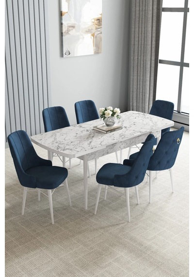 Zümra Serisi, Beyaz Mermer Desen 80x132 Açılabilir Mdf Mutfak Masası Takımı 6 Adet Sandalye Lacivert Zümra Serisi, Beyaz Mermer Desen 80x132 Açılabilir Mdf Mutfak Masası Takımı 6 Adet Sandalye Lacivert