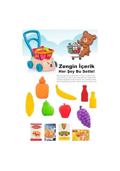14 Parça Market Sepetli Yürüme Arkadaşı - İlk Adım Arabası Meyve Sebze Atıştırmalık Alışveriş Sepeti