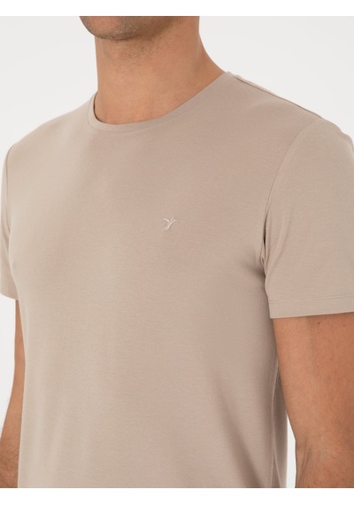 Bej Slim Fit Bisiklet Yaka Pamuklu T-shirt