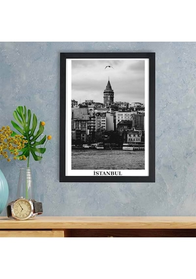 Nostaljik İstanbul Manzaralı Yapışkanlı Çerçeve Galata Kulesi Poster Tablo