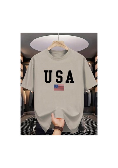 Caddemia Yaz Moda Rahat Bol Kesim Abd Amerikan Ulusal Bayrağı Grafik Yuvarlak Boyun Bej 2XL