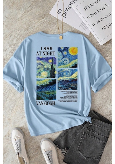 Uyguntarz Unisex Van Gogh Baskılı Oversize Tshirt Bebe Mavisi