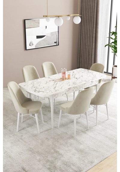 Familieconcept Almira Serisi, Beyaz Mermer Desen 80x132 Açılabilir Mdf Mutfak Masası Takımı 6 Adet Sandalye Krem Familieconcept Almira Serisi, Beyaz Mermer Desen 80x132 Açılabilir Mdf Mutfak Masası Takımı 6 Adet Sandalye Krem