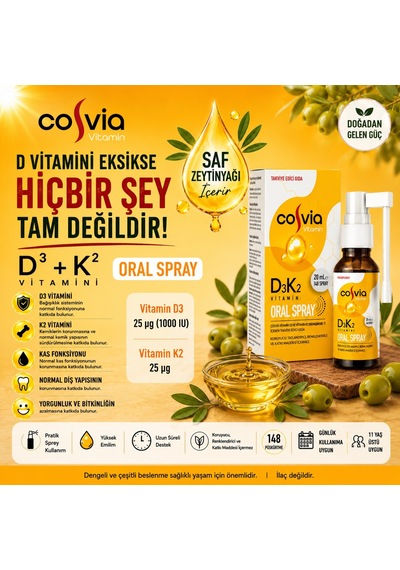 Cosvia Vitamin D3-K2 Menaquinone-7 Oral Sprey 20 ML