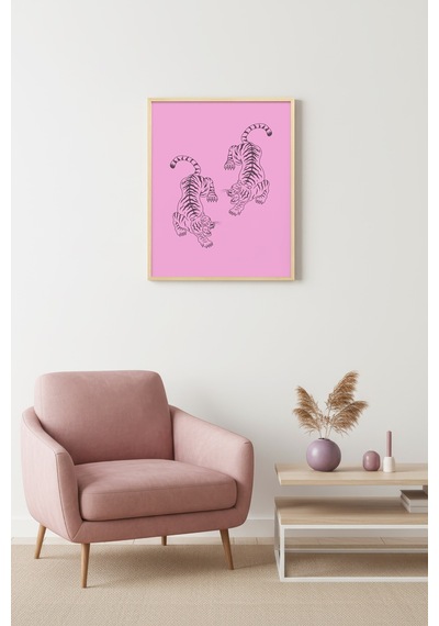 Doğal Ahşap Çerçeveli Retro Tablo - Kaplan Desenli Vintage Hayvan Huhu2662