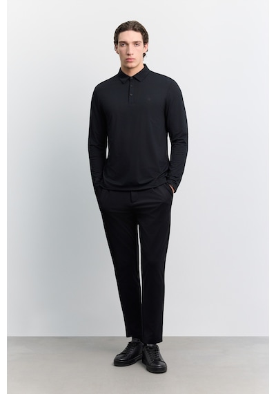 Avva Erkek Siyah Polo Yaka Düğmeli Teknik Kumaş Uzun Kol Basic Regular Fit T-shirt A62y1014