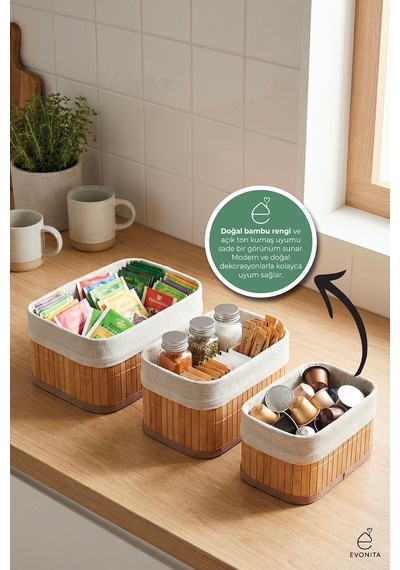 Bambu Organizer Seti 3'lü 2 Boy Parça Çok Amaçlı Banyo Mutfak Dolap Düzenleyici Sepet Seti Dayanıklı Renkli