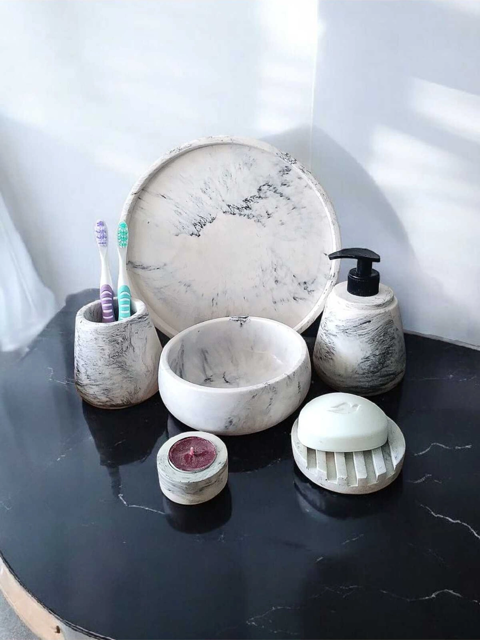 6'lı Mermer Desen Beton Banyo Seti, Sıvı Sabunluk Diş Fırçalığı Aksesuar Takımı Gri