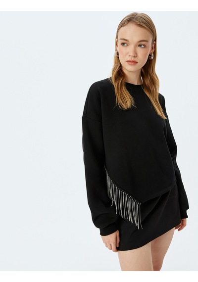 Koton Bisiklet Yaka Taş Detaylı Uzun Kollu Oversize Sweatshirt Siyah 5wal10771ık Siyah