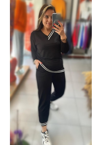 Ge Ticaret Kadın Yeni Sezon Uzun Kollu Ribana Detay Ikili Takım Siyah