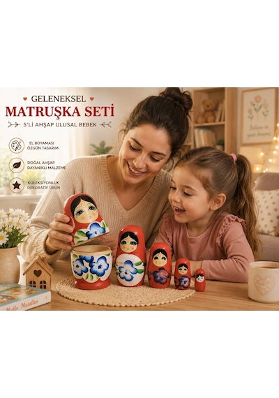 İç İçe Geçen Dekoratif Oyuncak 5'li Ahşap Matruşka Rus Bebek Seti El Boyama Ev Dekoru Hediye Kırmızı Hediyelik Eşya