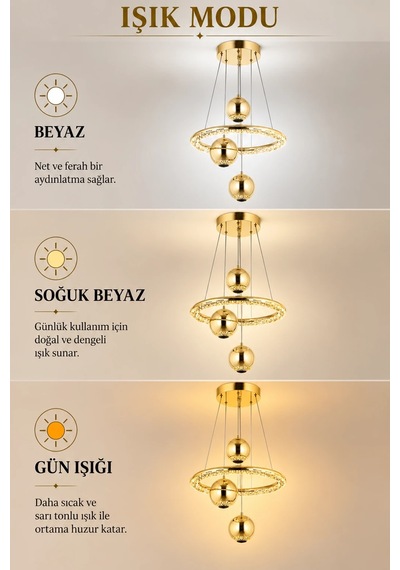 Modern Premium Gold Halka 3 Renkli Ledli Sarkıt Avizesi Salon Mutfak Çocuk Odası Şık Modelleri 84w Beyaz