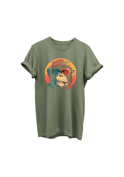 Drifter Yazılı Renkli Gözlüklü Maymun Baskılı %100 Pamuk Siyah Regular Fit Unisex T-shirt Haki