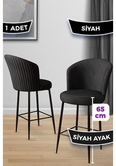 Canisa Alte Serisi 1 Adet 65 Cm Siyah Ada Mutfak Bar Sandalyesi Babyface Kumaş Siyah Metal Ayaklı Siyah