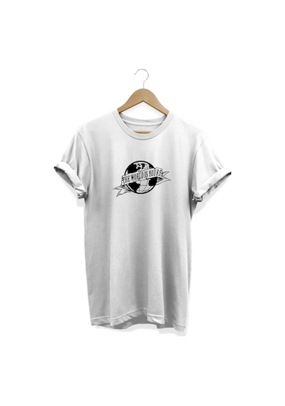 Dünya Baskılı Beyaz T-shirt Beyaz