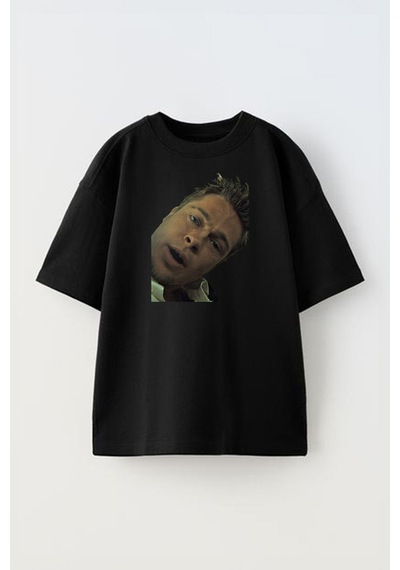 Thewert Unisex Brad Pitt Fight Club Tasarım Baskılı Pamuk Sıyah Oversize T-shirt Siyah