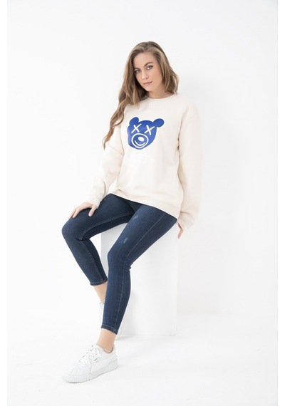 Kadın Bej Renk Baskılı Kapşonsuz Sweatshirt Bej