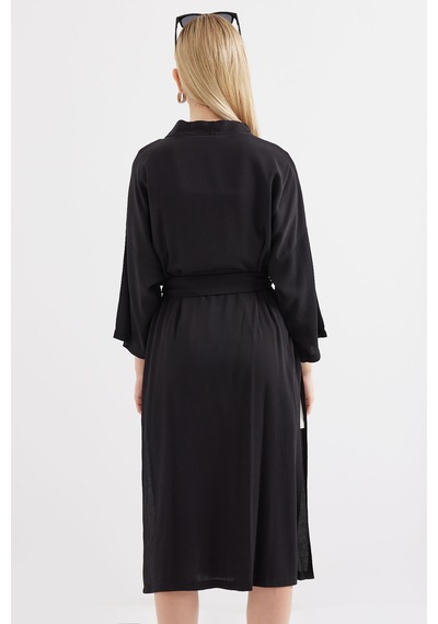 Bigdart 5835 Yırtmaçlı Yazlık Kimono - Siyah 001