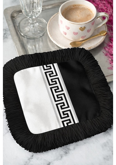 Yunan Motifli Saçaklı Kahve Yanı Servis Peçetesi - Geometrik Lüks Modern Siyah Beyaz Sunum Mendili Çok Renkli