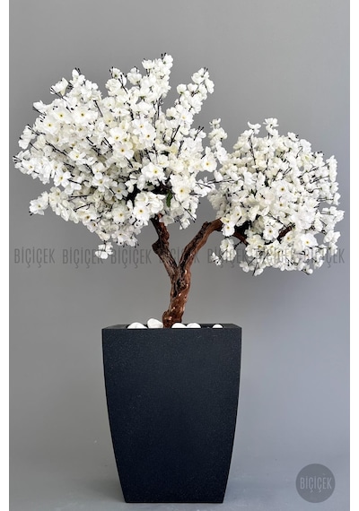 Biçiçek Yapay Beyaz Sakura Ağacı 100 Cm Bahar Dalı Antresi̇t Kare Saksıda