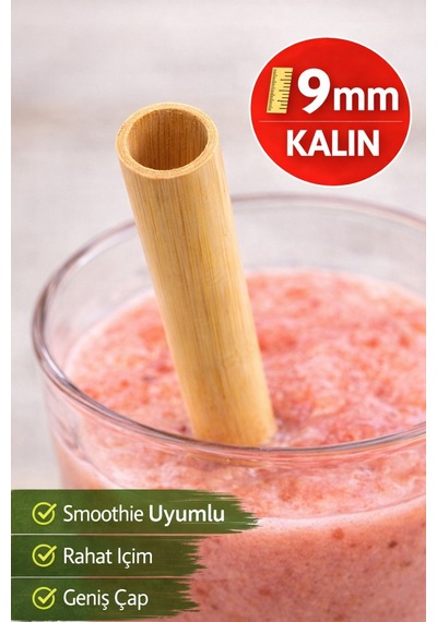 100 Adet Bambu Pipet 9mm X 20cm Kalın Smoothie Pipeti Doğal Çevre Dostu