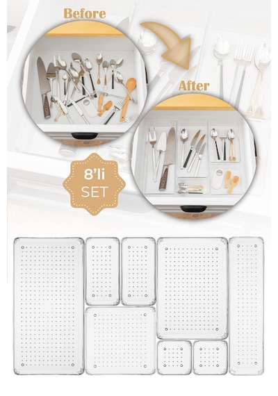Vienev 8li Şeffaf Çekmece Içi Organizer 1x B.dkdrtgn,b.kare,d.dkdrtgn,o.dkdrtgn 2x K.dkdrtgn,k.kare