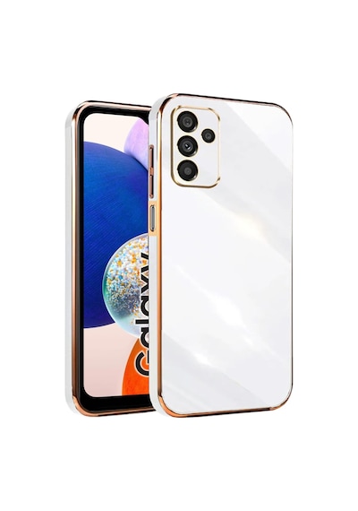 Fibaks Galaxy A05s Uyumlu Kılıf Parlak Kenarlı Altın Işlemeli Kamera Korumalı Kapak Beyaz