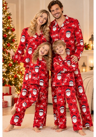 Free Beka Yılbaşı Desenli Kırmızı Uzun Kollu Önden Düğmeli Gömlek Yaka Aile Pijama Takımı Kombini Free Beka Yılbaşı Desenli Kırmızı Uzun Kollu Önden Düğmeli Gömlek Yaka Aile Pijama Takımı Kombini