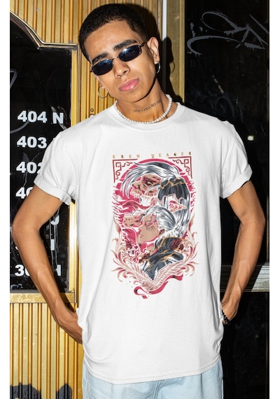 Özel Tasarım Eren Yeager Baskılı Unisex Oversize Attack On Titan Beyaz