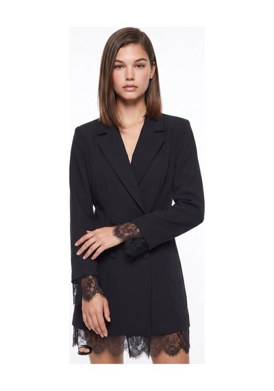 CEMO Dantel Detaylı Kruvaze Blazer Ceket Elbise Siyah